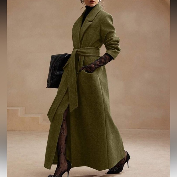 Luxury Long Pea Coat Belted Jacket Olive Green - Picture 4 of 8